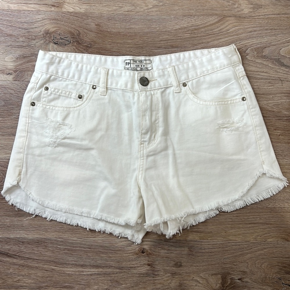 Free People White Raw Frayed Hem Distressed Denim Shorts